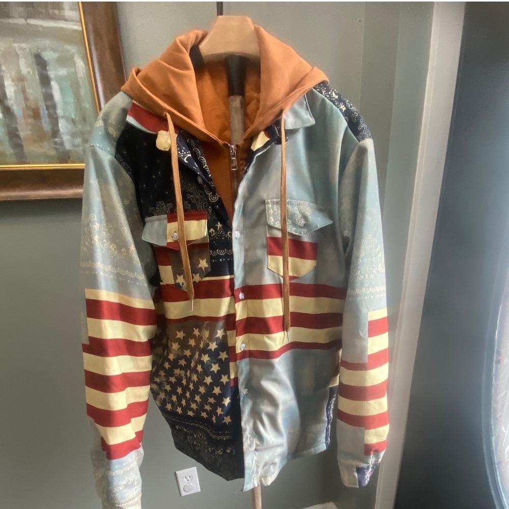 Mens Americana Patchwork Hooded Jacket 3XL Flag Paisley Bandana Quilted Lined